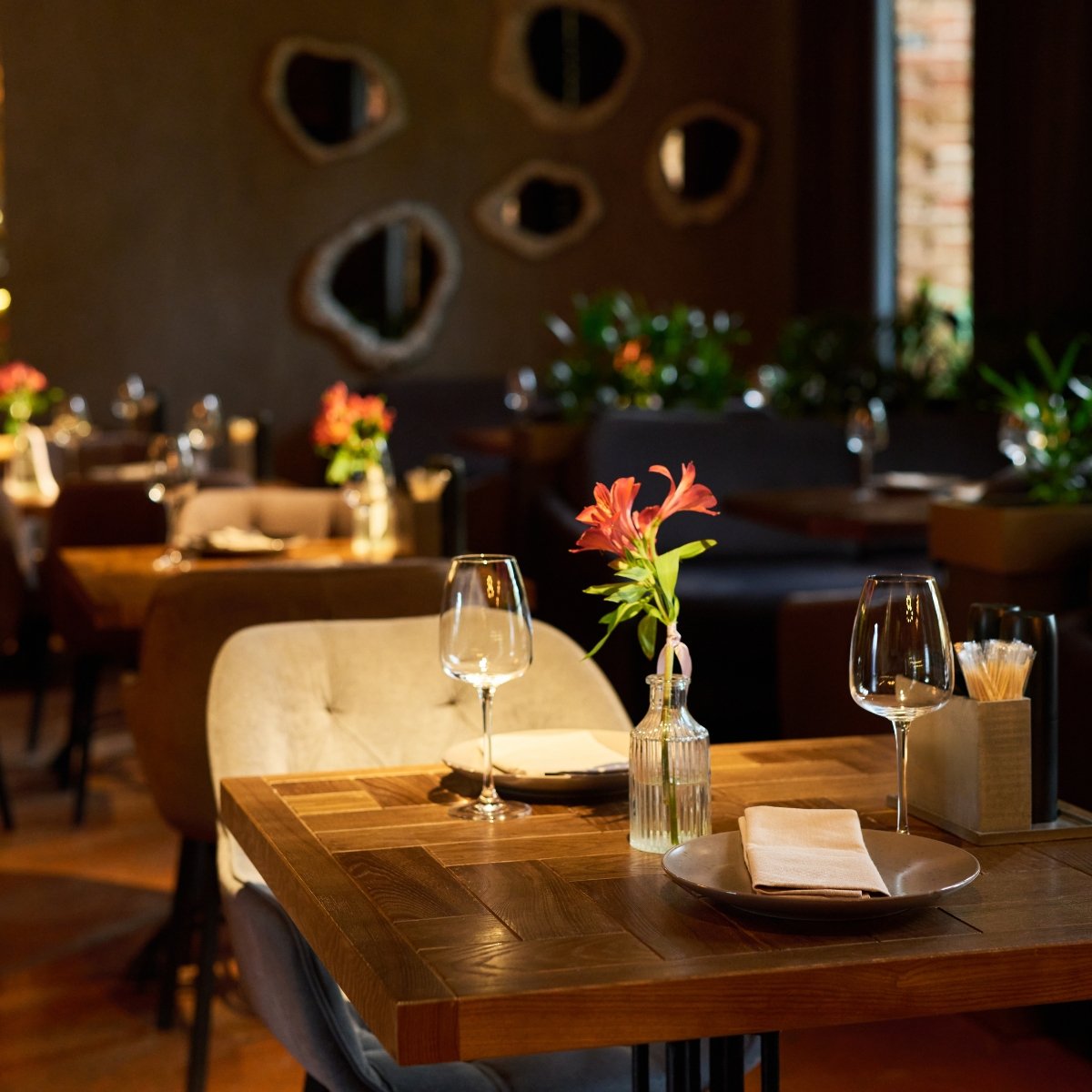Restaurant tables set for dining